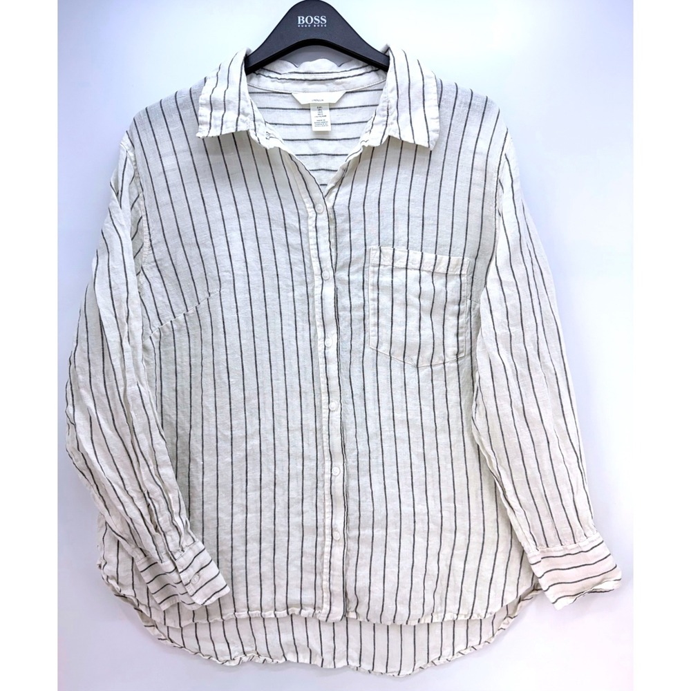 H&M Womens Linen Striped Button Up Shirt Sz L Euro Summer Lagenlook Yacht Rock